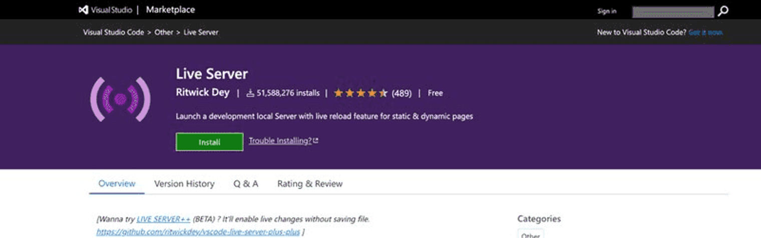 Live Server VS Code marketplace page.