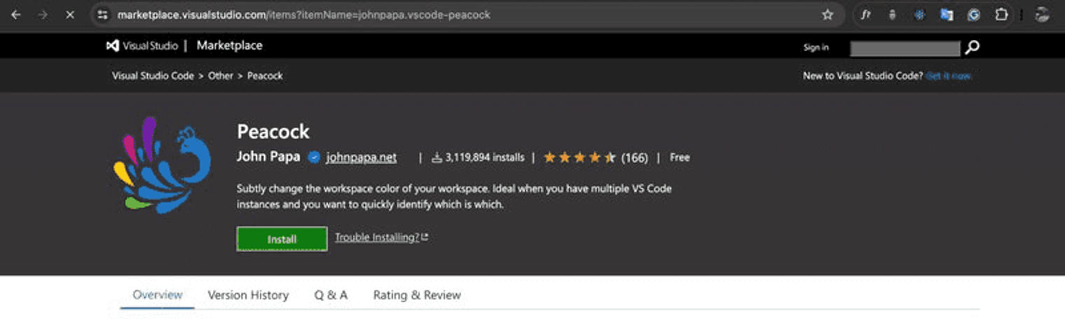 Peacock VS Code extension marketplace page.
