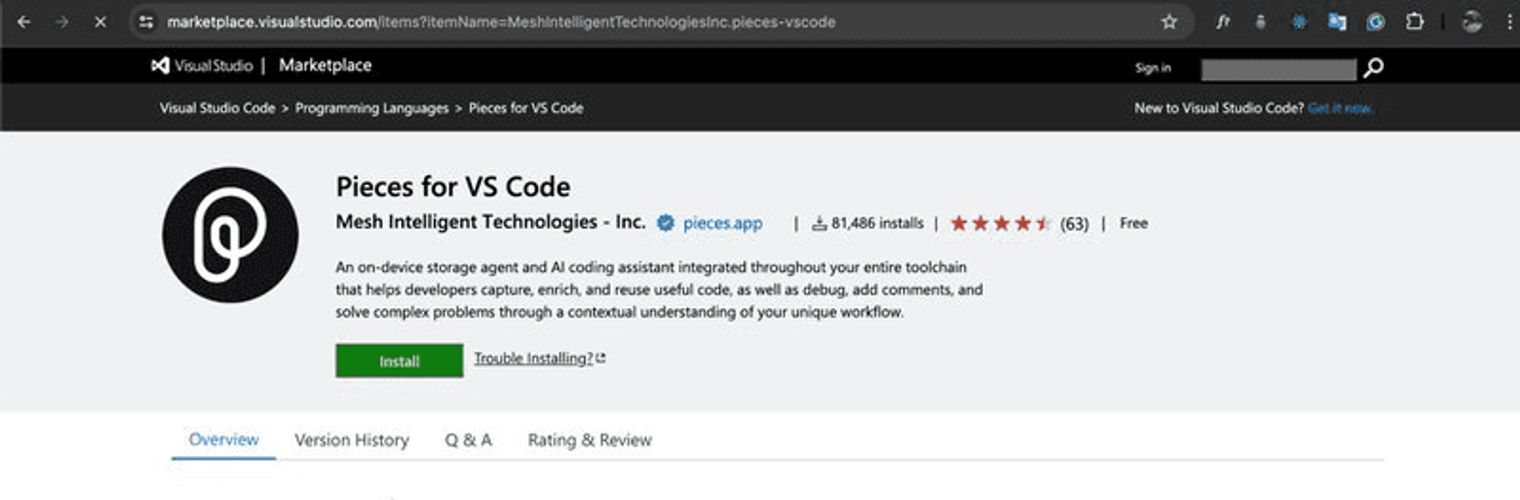 The Pieces for VS Code marketplace page.