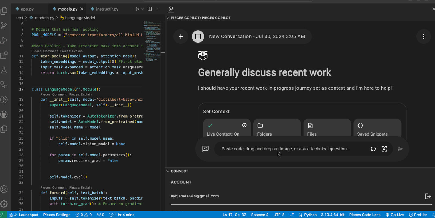 Chatting with Pieces Copilot in VS Code.