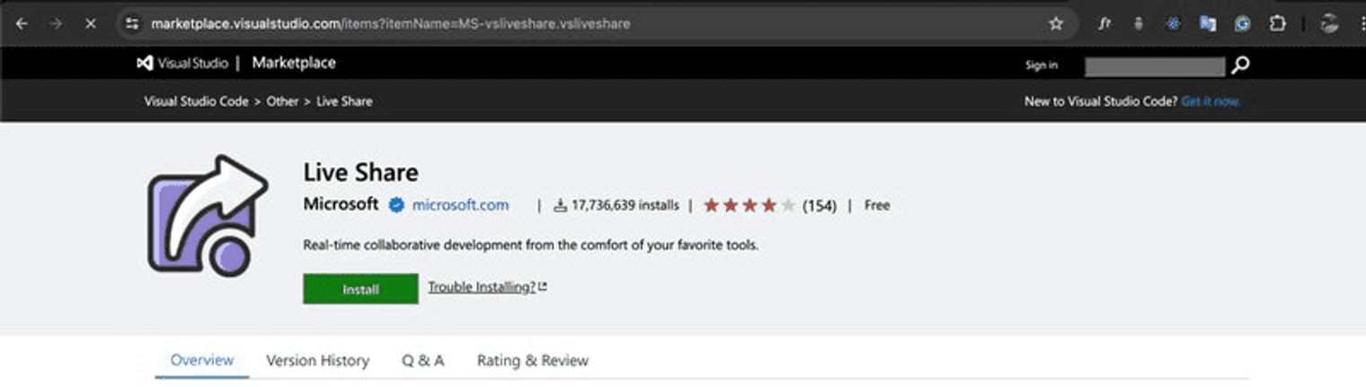 The Live Share marketplace page.