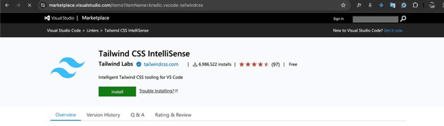 The Tailwind CSS IntelliSense marketplace page.