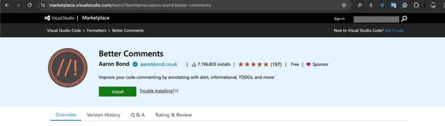 The Better Comments marketplace page.