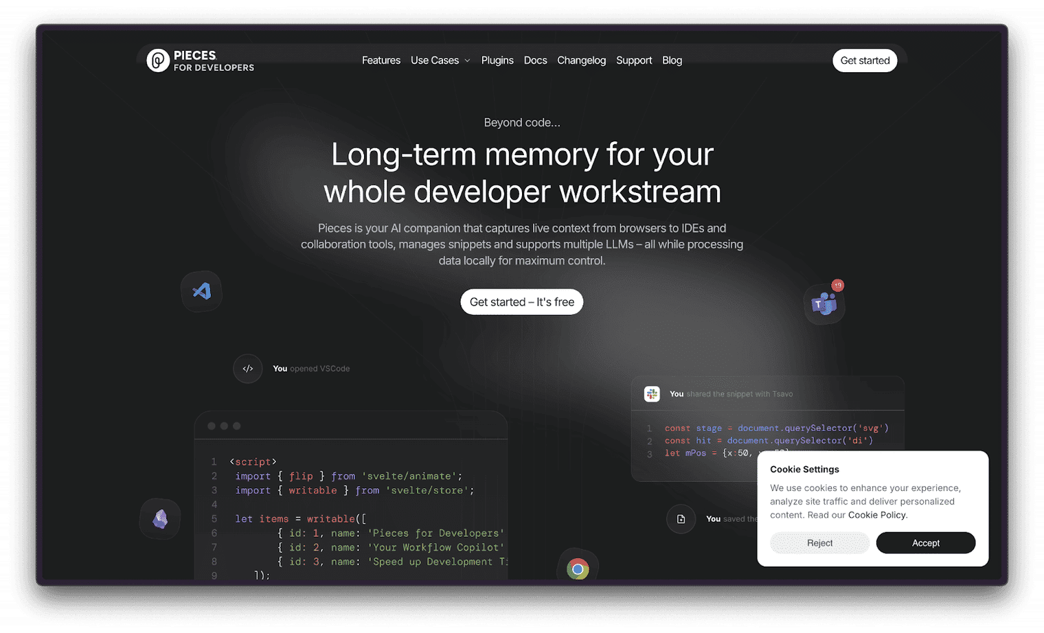 Website of Pieces Long term memory AI copilot