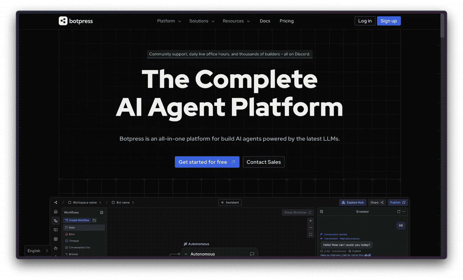  A screenshot of Botpress's main page showcasing its intuitive interface with navigation options like 'Features,' 'Pricing,' and 'Documentation.'
