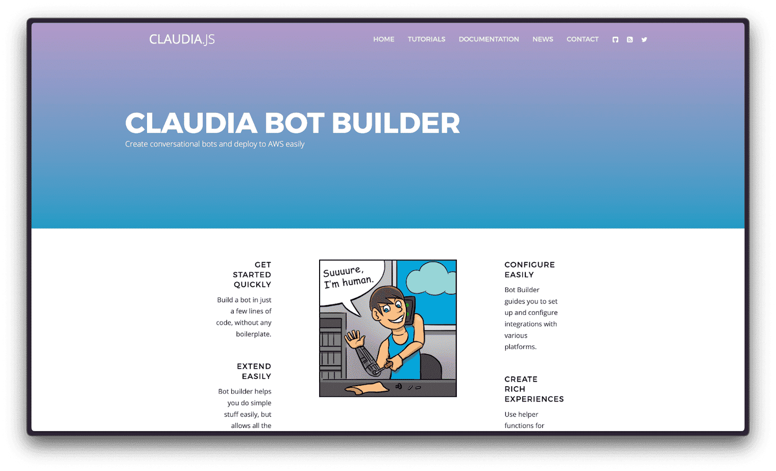 screenshot of Claudia's main page featuring a minimalist design with navigation options like 'Features,' 'Documentation,' and 'Get Started.'