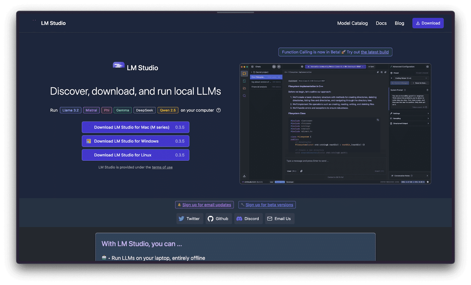 A screenshot of LM Studio's main page showcasing a professional and sleek design with navigation options like 'Features,' 'Documentation,' and 'Download.'