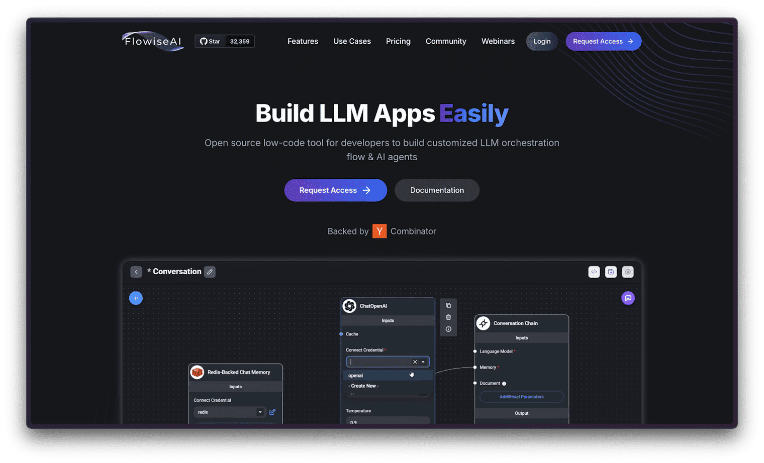 The page emphasizes FlowiseAI as a no-code platform for building LLM-driven workflows, showcasing a drag-and-drop interface for visual workflow creation and a call-to-action button inviting users to explore or get started