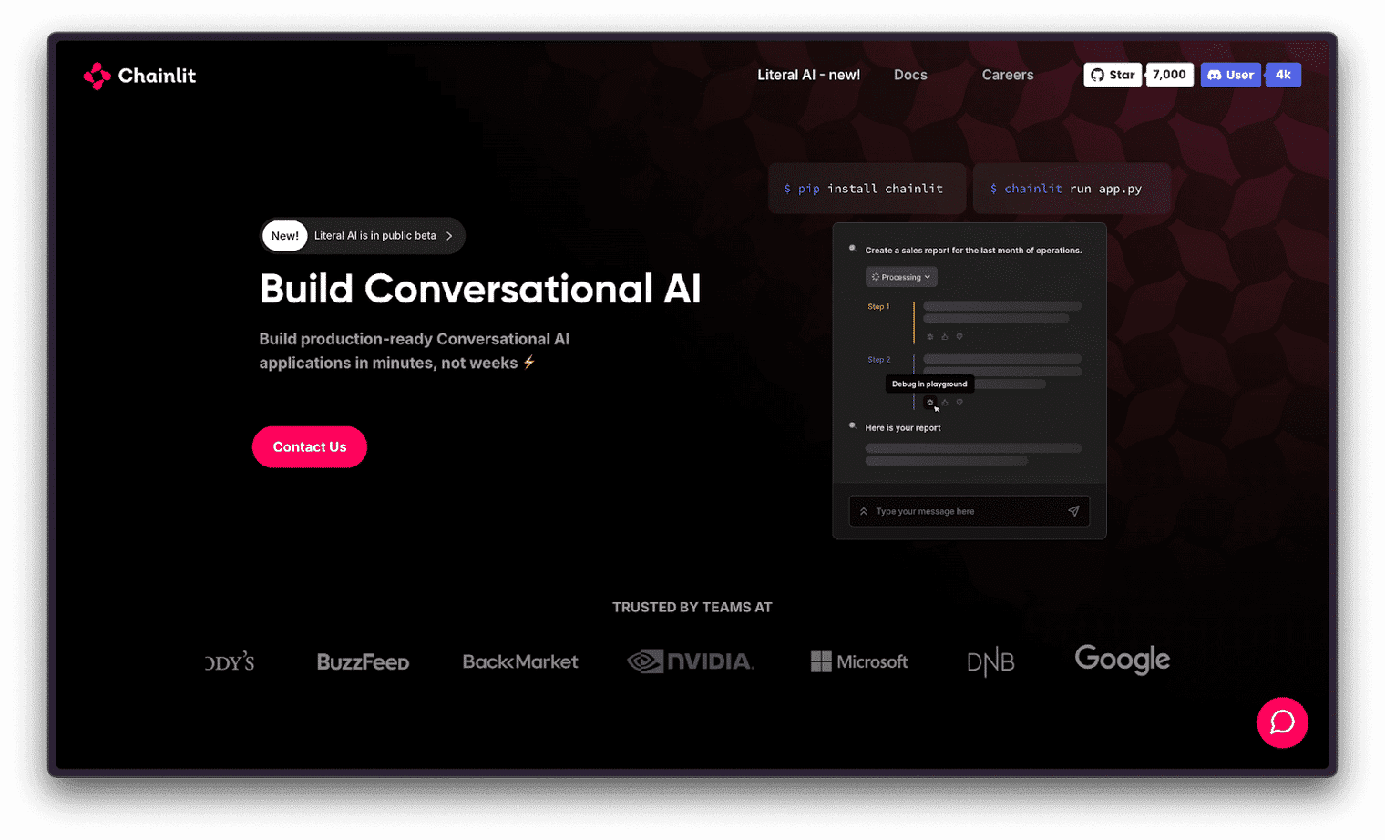 The page highlights Chainlit as a powerful framework for building conversational AI applications, featuring visuals of interactive chat interfaces, tools for LLM integration, and a call-to-action to get started quickly