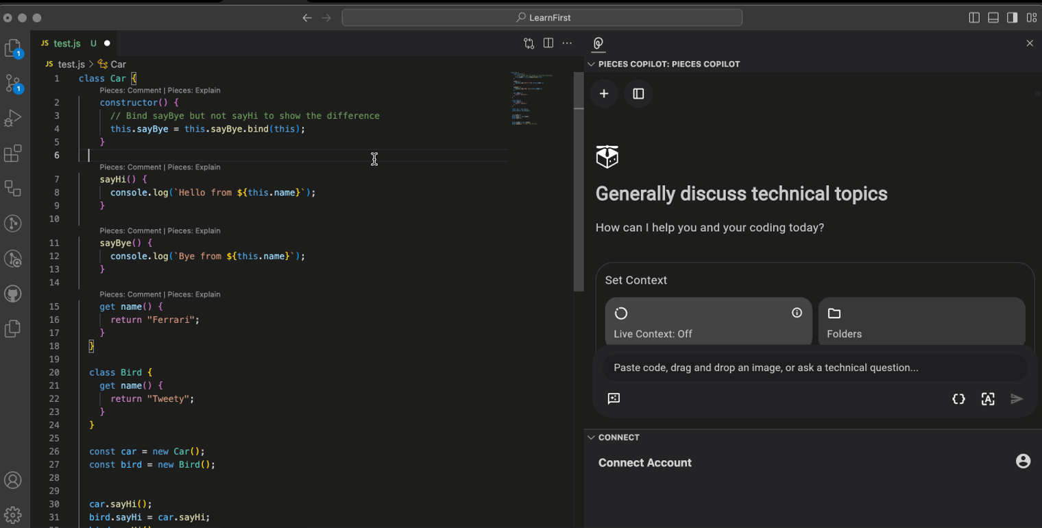 Asking Pieces Copilot about the This keyword in JavaScript.