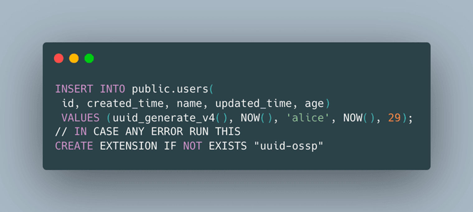 Code snippet to install dummy data into your user schema.