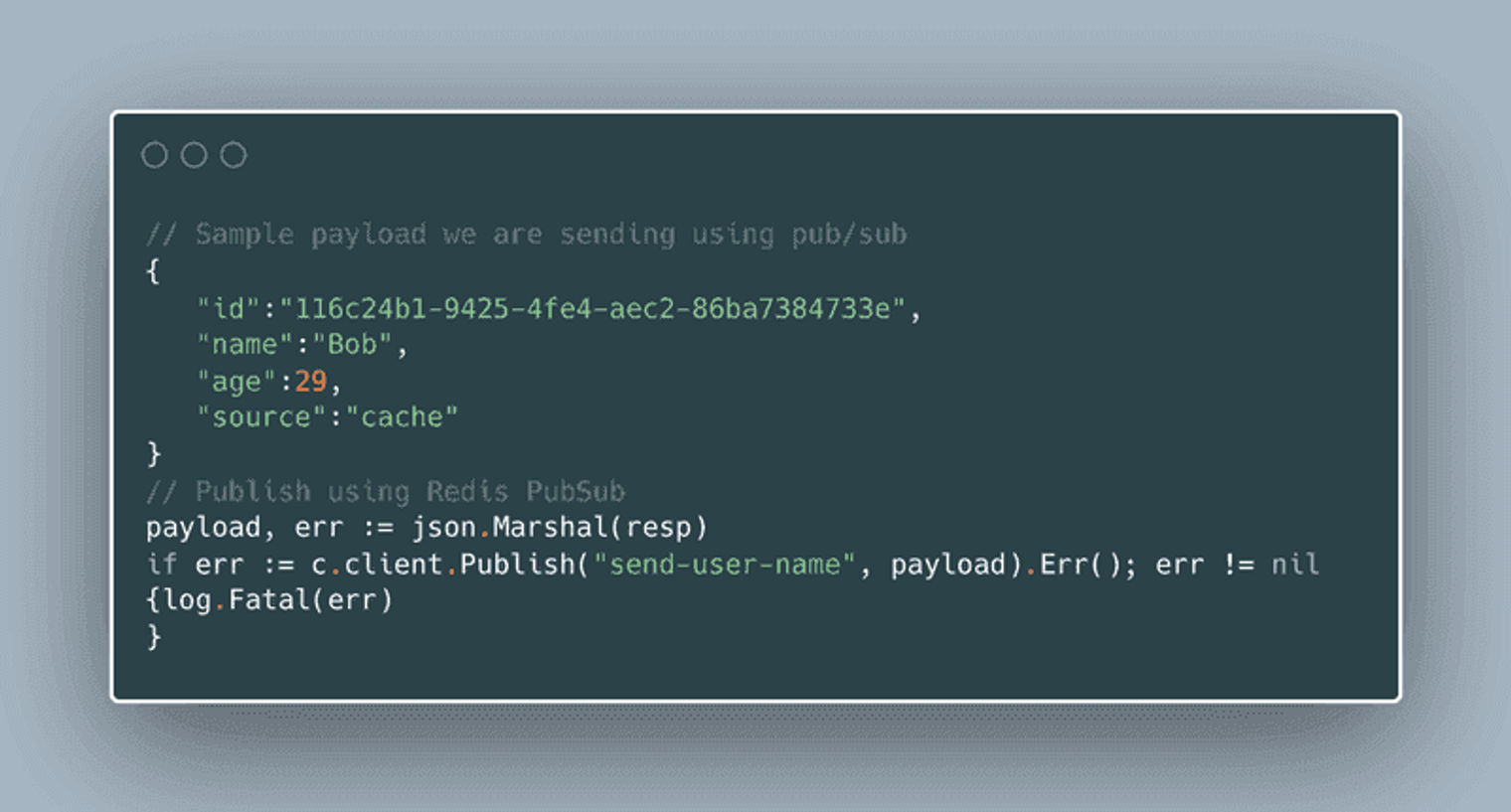 Example of a pub/sub payload and the publication.