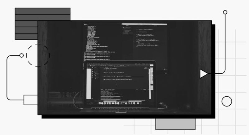 decorative cover image showing code library on a laptop and monitor