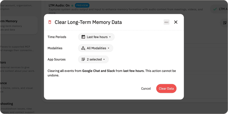 Clear Long-Term Memory Data dialog with time period, modality, and app source controls