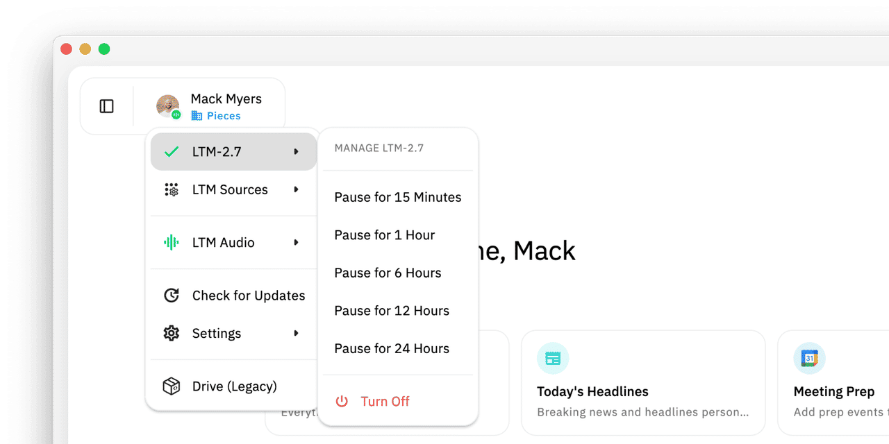 Pieces Desktop settings and controls