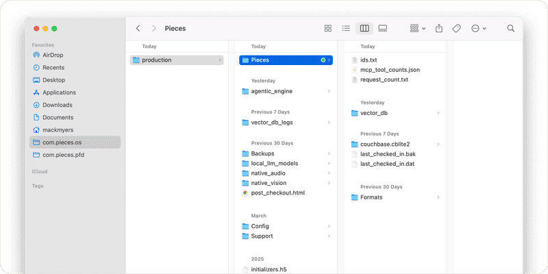 Finder view showing Pieces data stored locally on-device