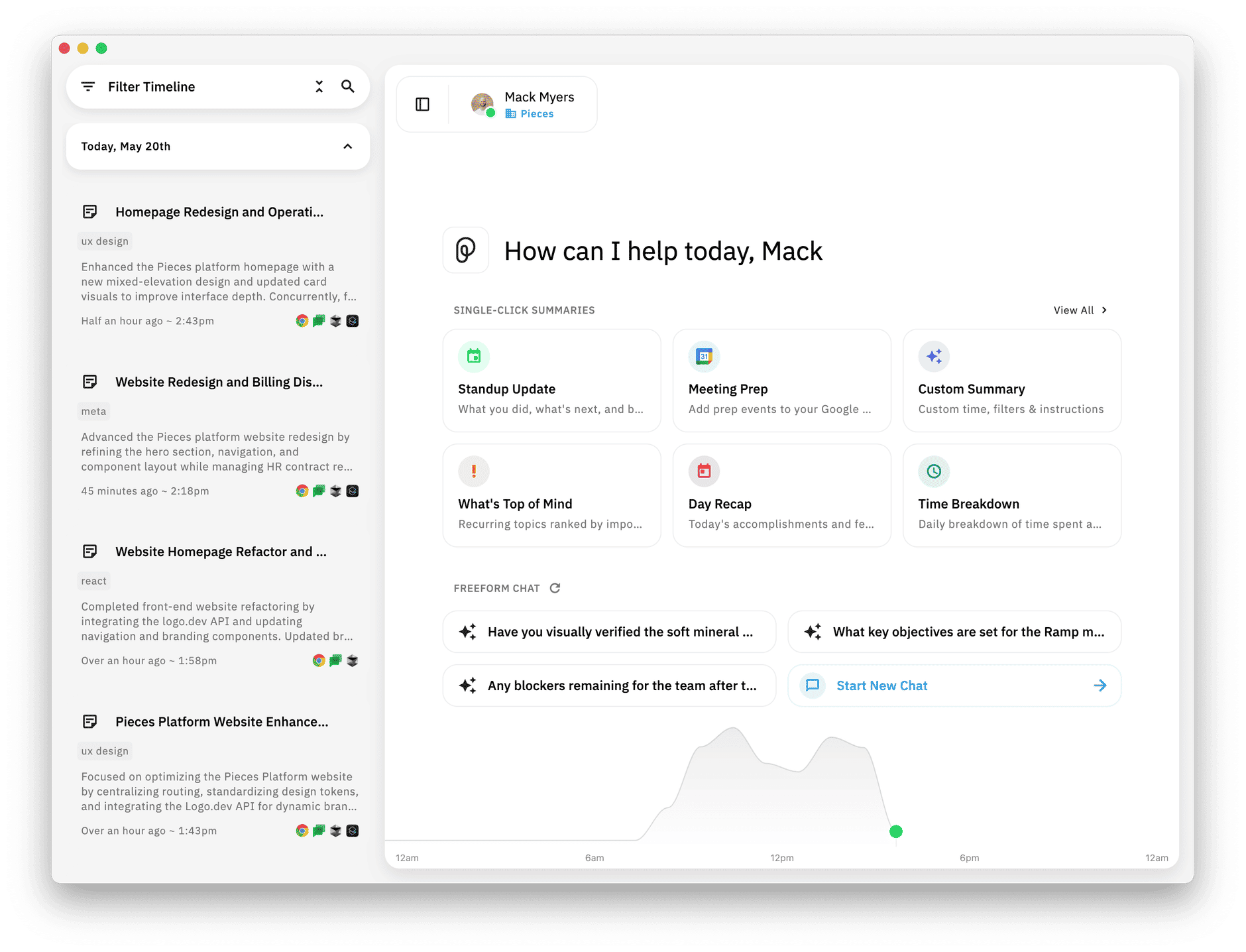 Pieces Desktop — summaries, conversational search, and activity timeline
