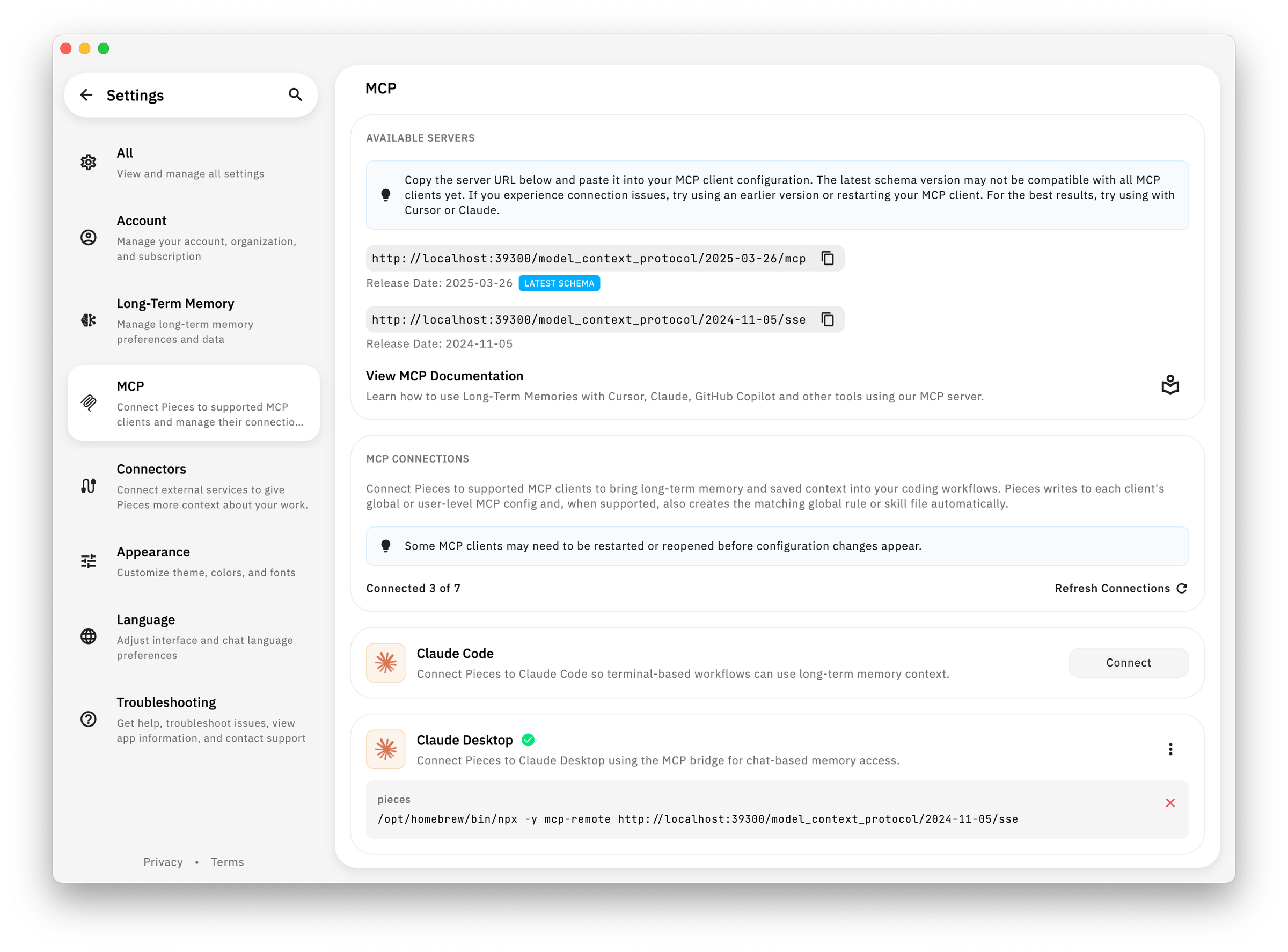The Pieces desktop app MCP settings screen, with one-click Connect buttons for Claude, Cursor, and other MCP clients