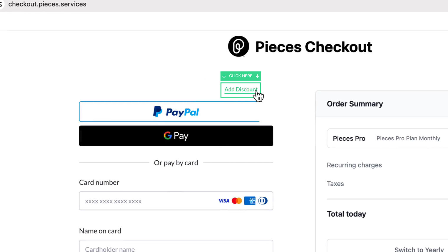 Pieces Checkout payment step with Add discount outlined above the PayPal and card fields