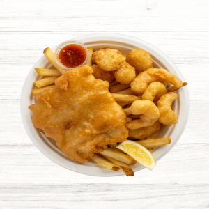 Seafood Platter: 1PC Haddock, 5PC Scallops, 5PC Shrimps & Fries
