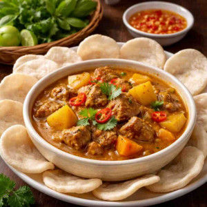 A4. Curry Lamb with Shrimp Cracker / Cừu Xào Lăn