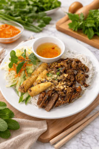 V2. Vermicelli Dish with Choice of Grilled Pork/Beef/Chicken/Shrimp/Vietnamese Sausage/Sugarcane Shrimp/Spring Rolls