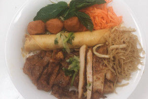 412. Vermicelli with Grilled Pork, Meatballs, Chicken, Spring Roll & Shredded Pork Skin