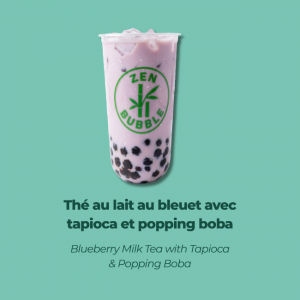 Thé au lait au bleuet avec tapioca et popping boba