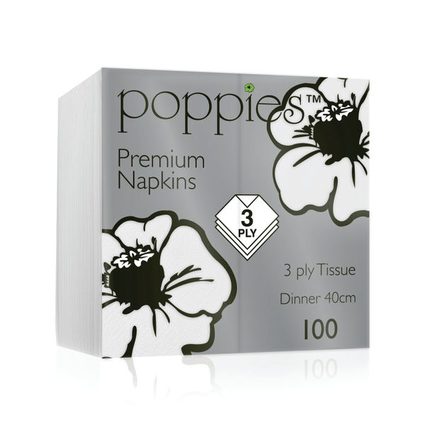 Poppies 3-Ply Nap 8F 40cm Wht Pk1000
