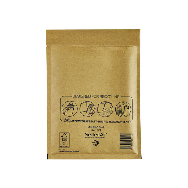 Sealed Air Bubble Lined Postal Bag D1 180x260mm Gold (Pack of 100) MQ50137
