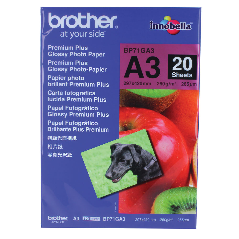 Brother A3 Premium + Glossy Photo Paper (Pack of 20) BP71GA3