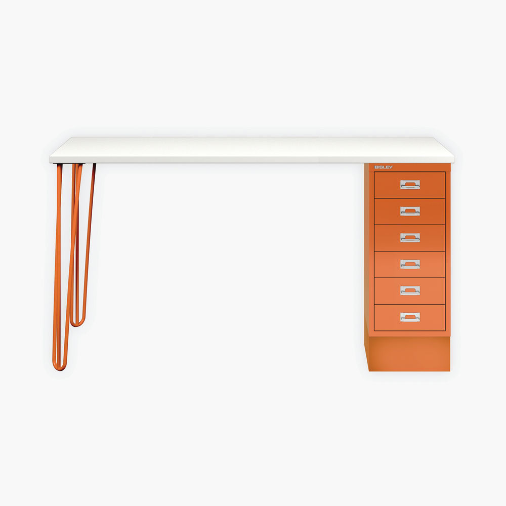 Bisley 6 Drawer Multidesk with Hairpin Legs 1400x600x735mm White Laminate/Orange MDM142HLH296562bn6