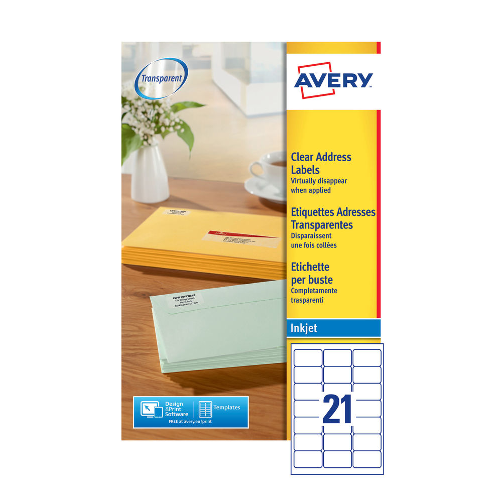 Avery Clear Inkjet Labels Clear 21 Labels/Sheet 65.3x38 ...