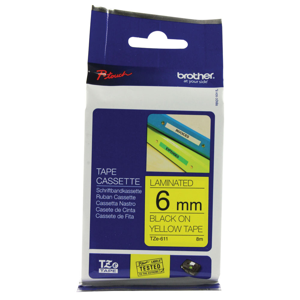 Brother PTouch TZe 6mm Black on Yellow Labelling Tape TZE611