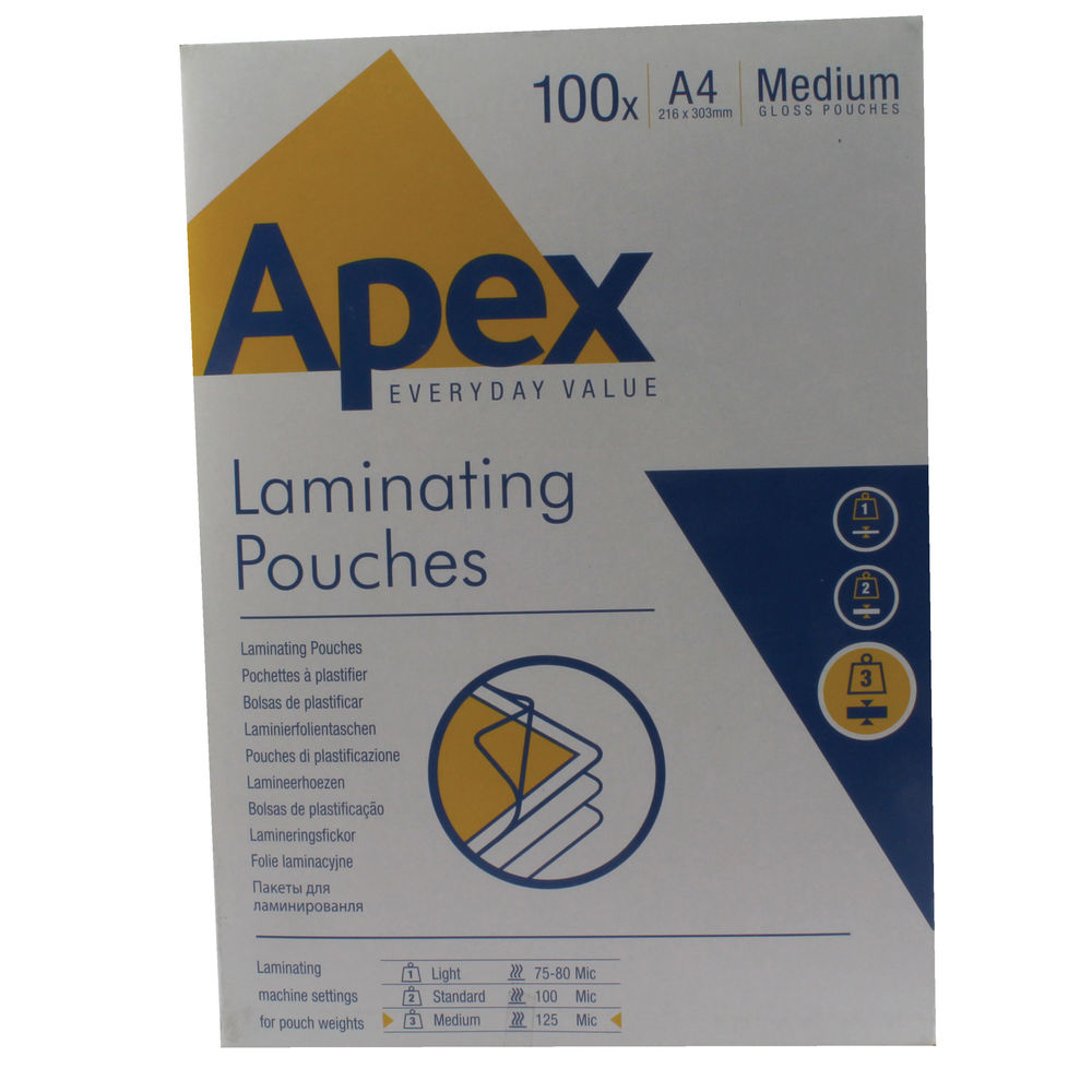 Apex A4 Medium Duty Laminating Pouches 250 Micron Clear (100 Pack) 6003501
