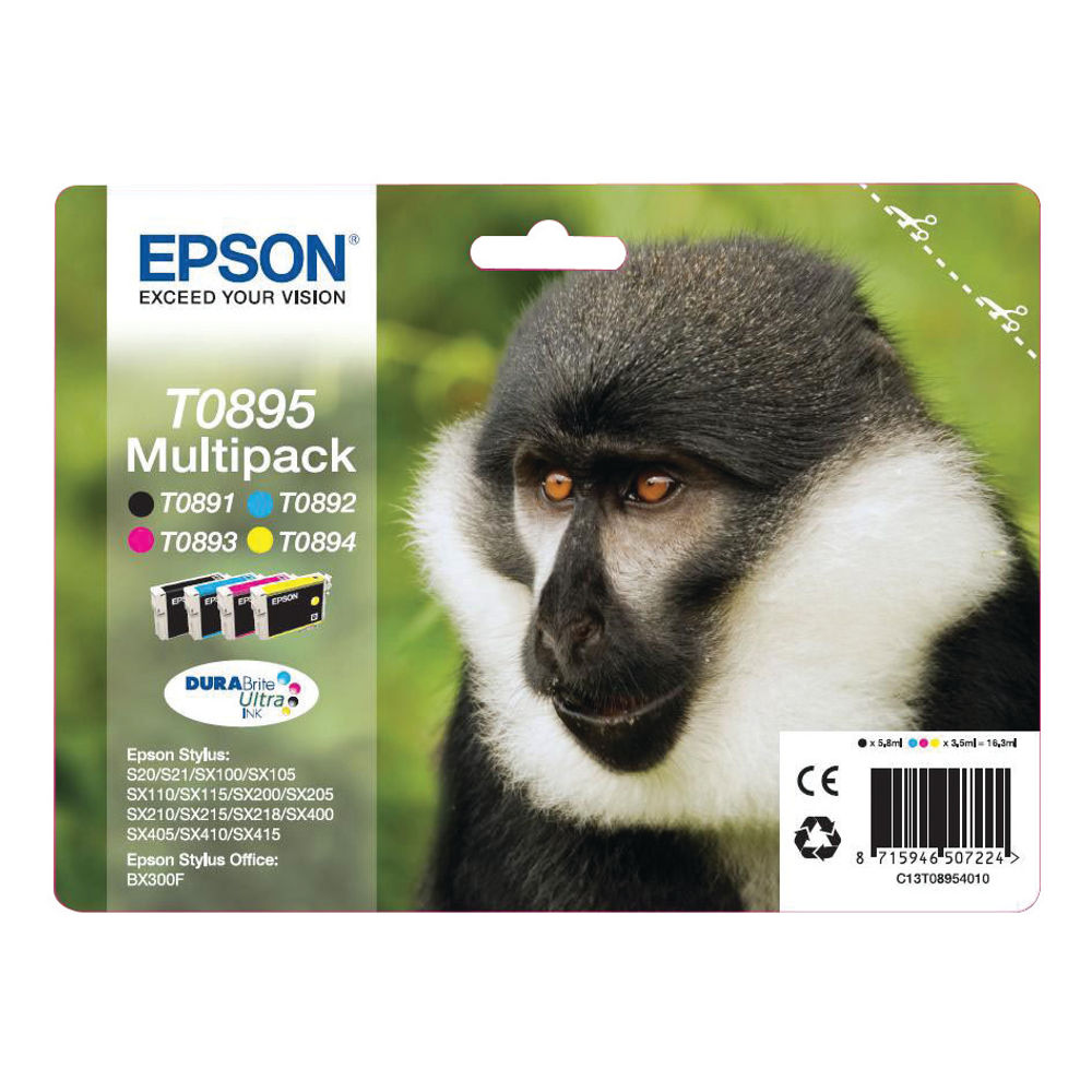 Epson T0895 Black/Cyan/Magenta/Yellow Inkjet Cartridge (4 Pack)  C13T08954010 / T0895