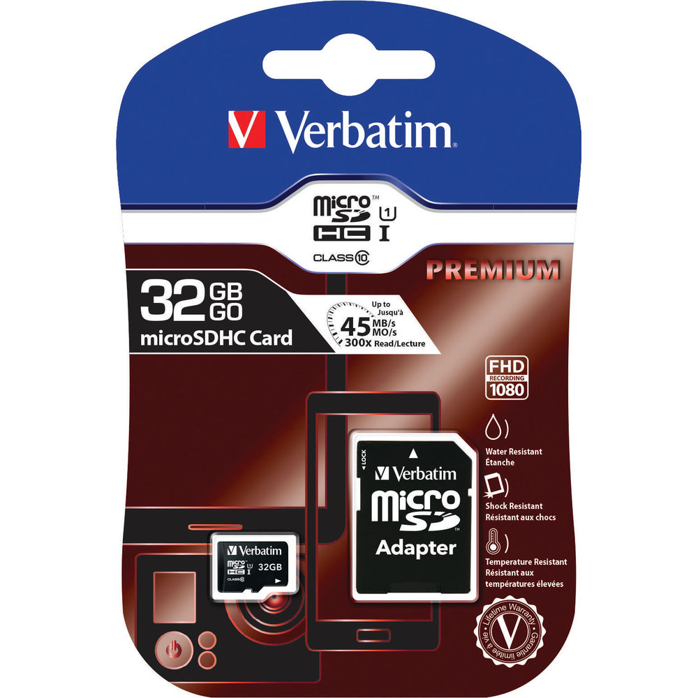 Verbatim MicroSDHC Memory Card Class 10 32GB With Adaptor 44083