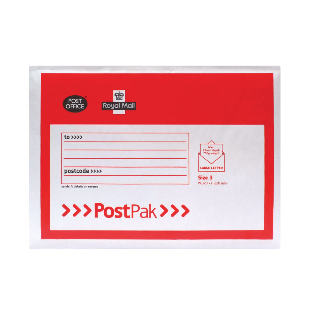 Post Office Postpak Size 3 Bubble Envelopes (Pack of 100)