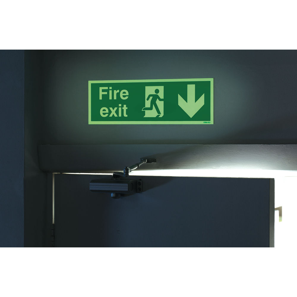 Fire Exit 150 x 450mm PVC Arrow Down Niteglo Safety Sign