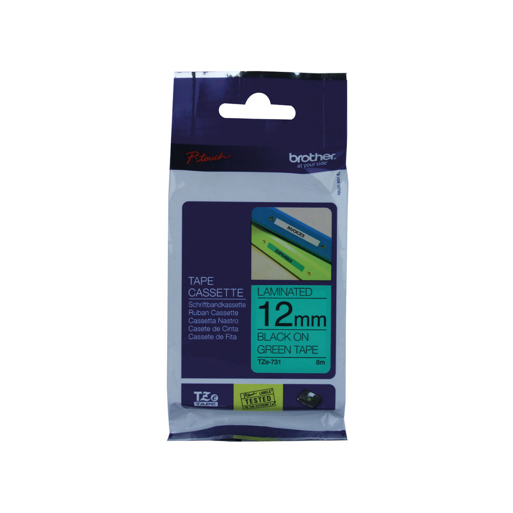 Brother P-Touch Black on Green 12mm Labelling Tape - TZE731