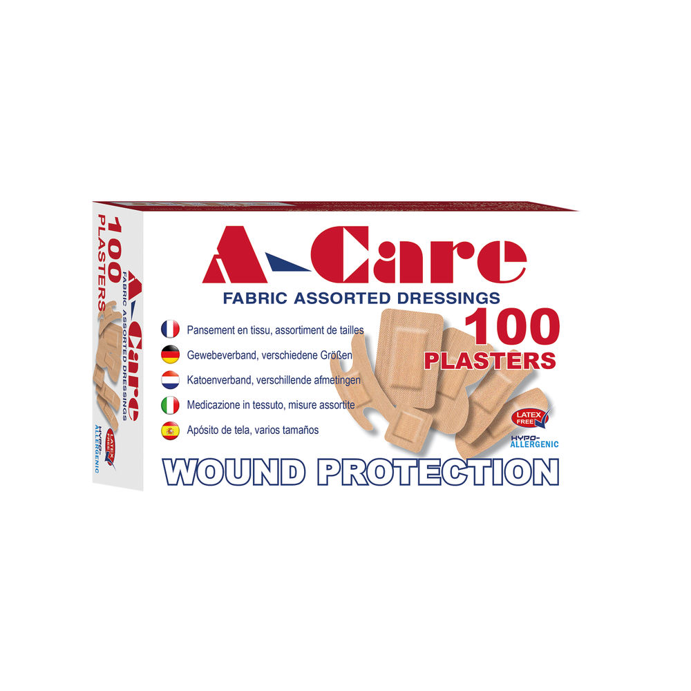 A-Care Latex Free Fabric Assorted Plasters 6 Sizes (Pack of 100)
