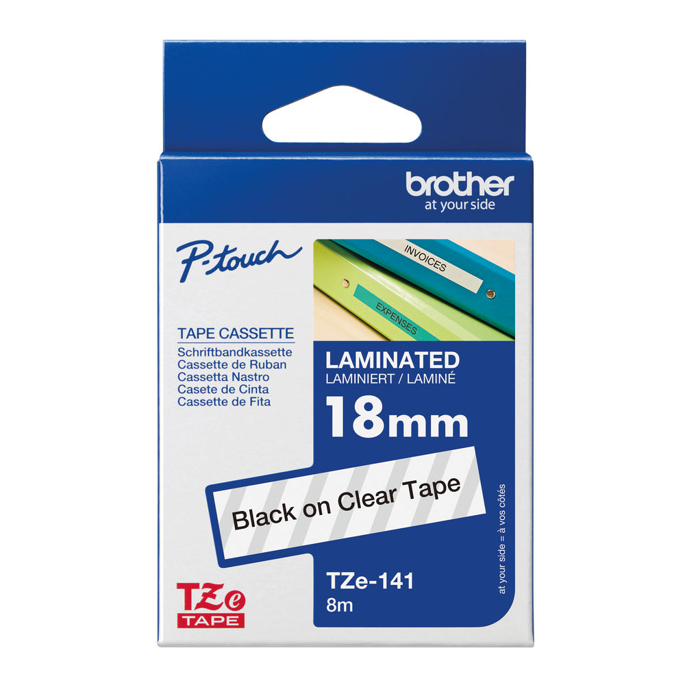 Brother P-Touch TZe Laminated Tape Cassette 18mm x 8m Black on Clear Tape TZE141