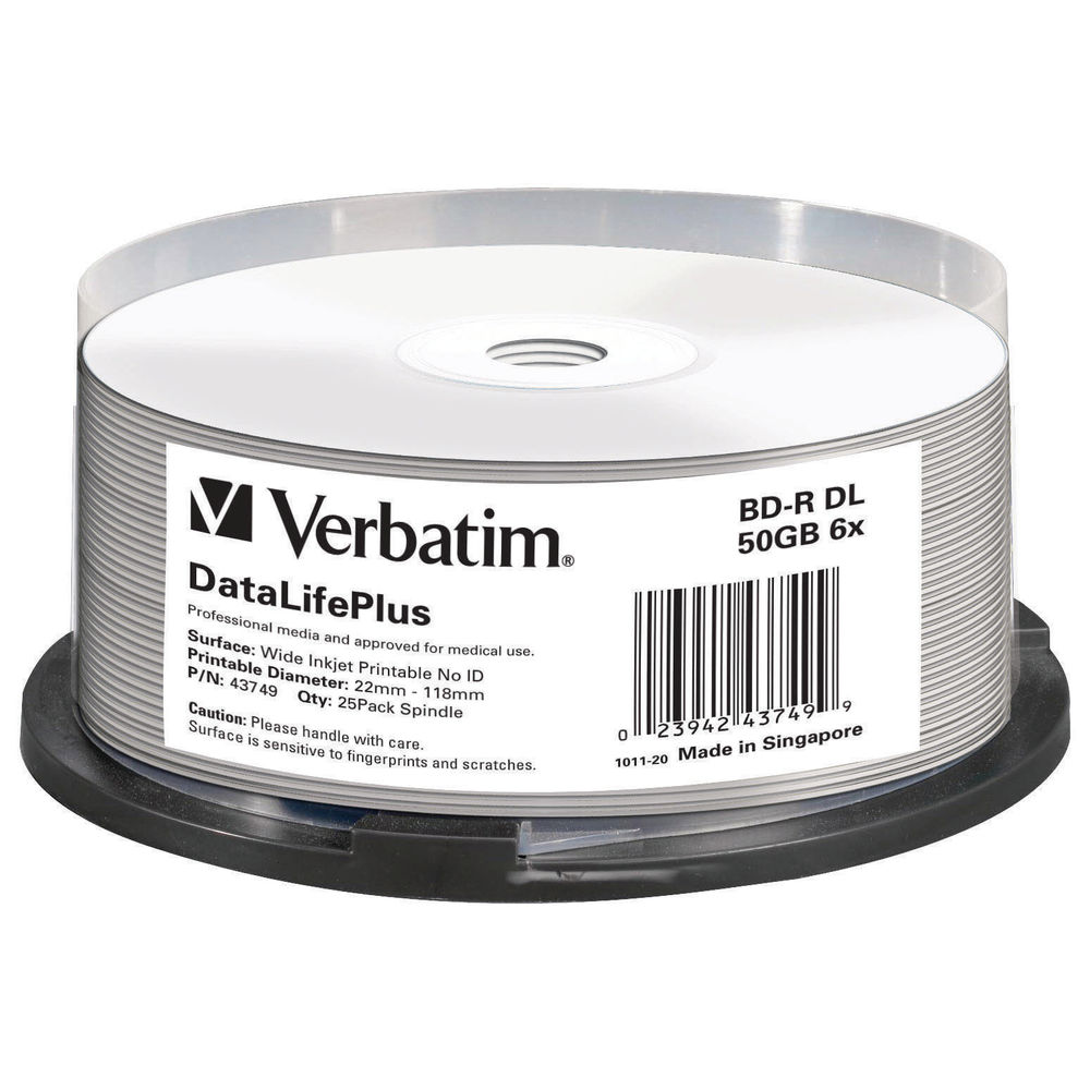 Verbatim 50GB 6x Speed Printable BD-R Spindle, Pack of 25 | 43749