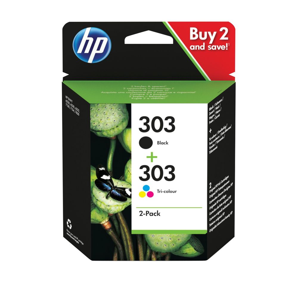 HP 303 2 Pack Tri-colour Black Original Ink Cartridge 3YM92AE