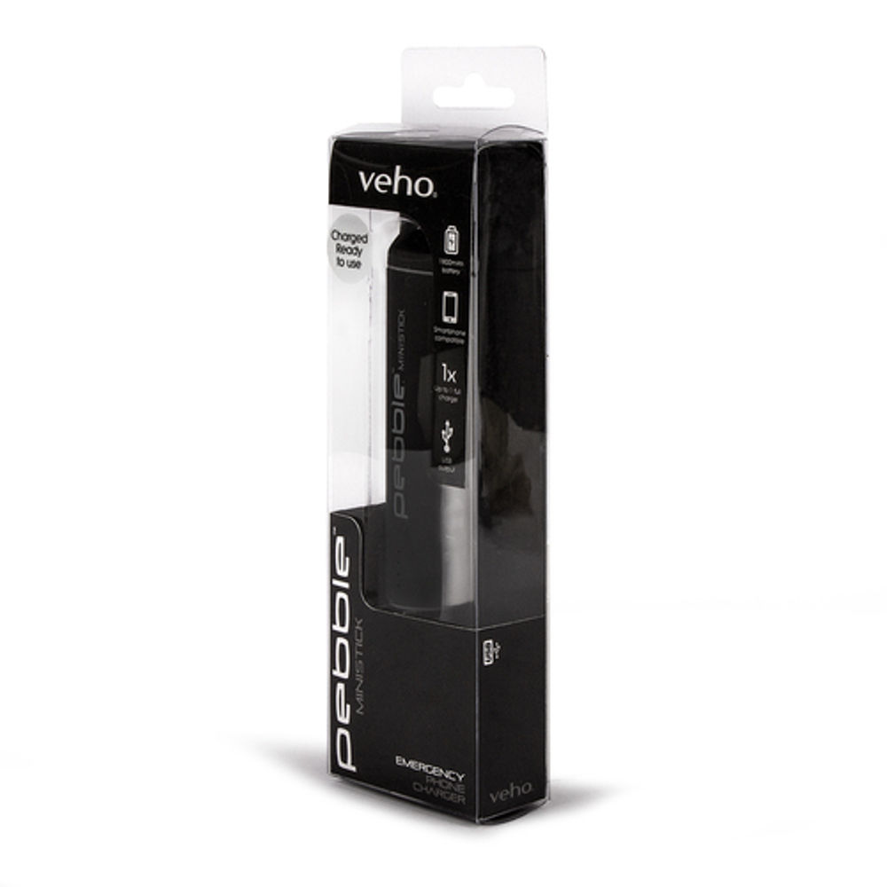 Veho Pebble Ministick 2,200mAh Emergency Portable Rechargeable Power Bank Black