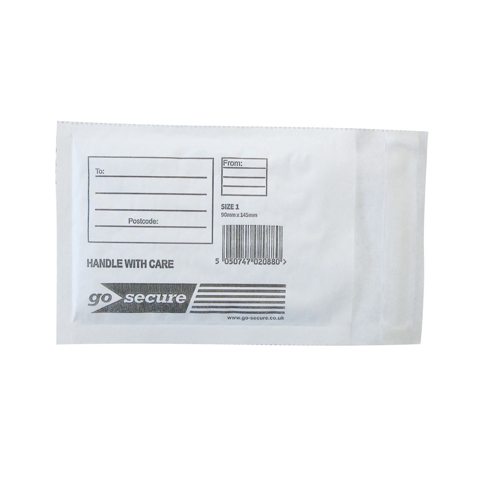 Go Secure White Size 1 Bubble Lined Envelopes, Pack of 100 - KF71447