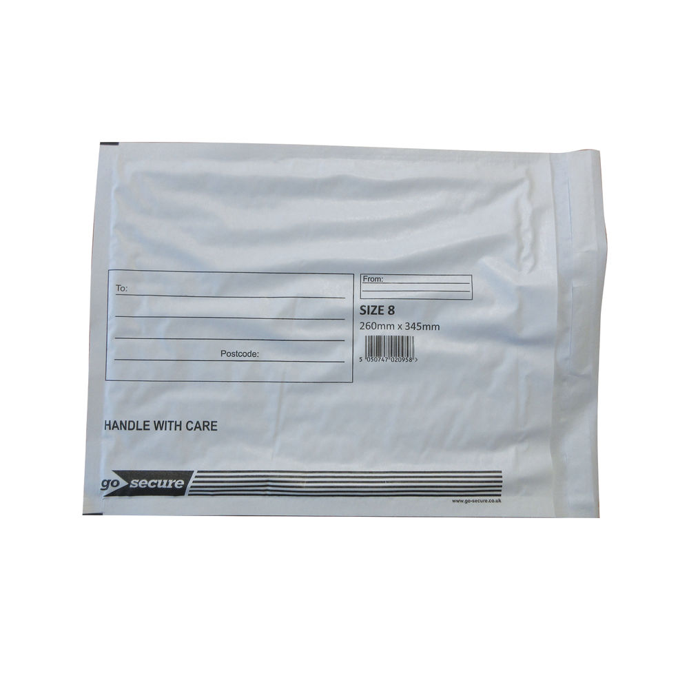 Go Secure White Size 8 Bubble Lined Envelopes, Pack of 50 - KF71454