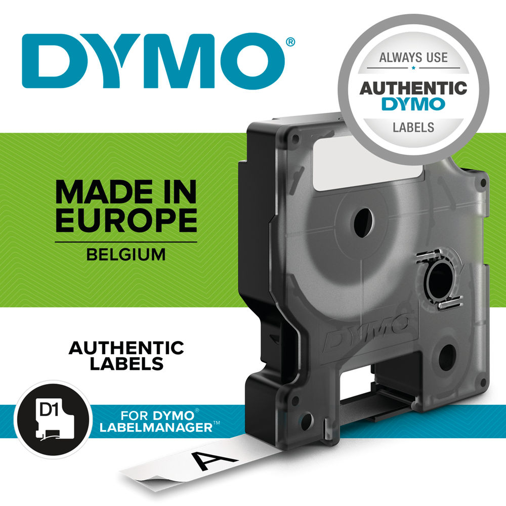 Dymo D1 12mm x 7m Black on White Label Tape