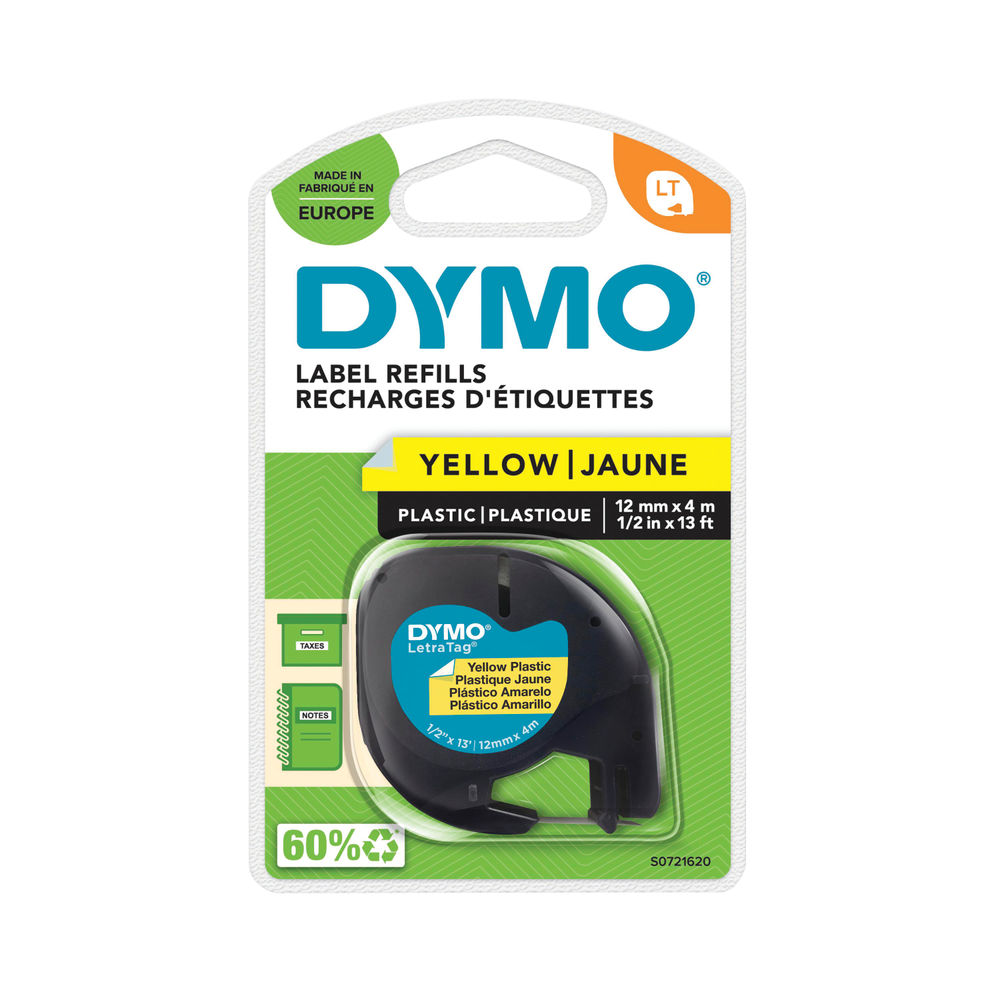 Dymo 91202 LetraTAG 12mm x 4m Yellow Plastic Tape S0721620
