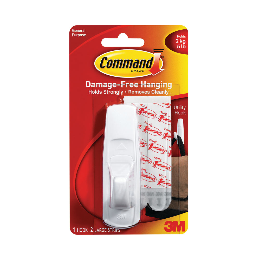 3M Command Adhesive Hook Large White with Two Adhesive Strips 17003